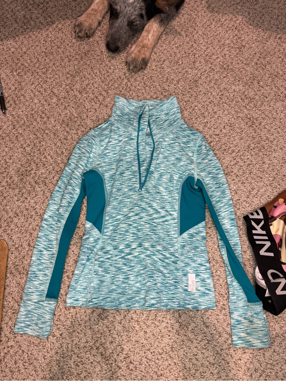 Zella Teal Space-Dyed Half Zip Pullover with Teal Panels
